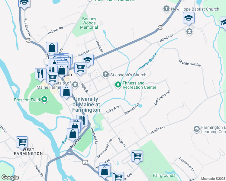 map of restaurants, bars, coffee shops, grocery stores, and more near 113 Quebec Street in Farmington