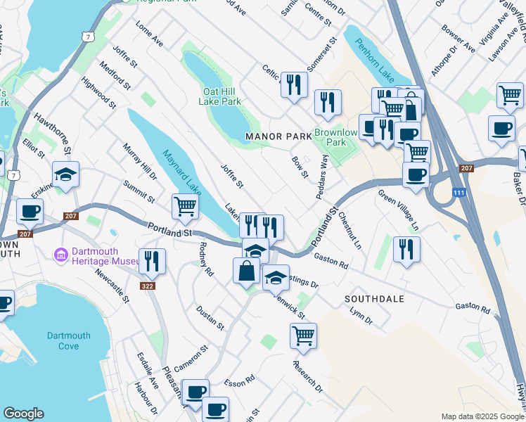 map of restaurants, bars, coffee shops, grocery stores, and more near Joffre Street in Dartmouth