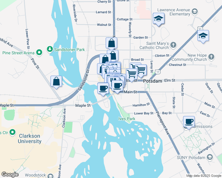 map of restaurants, bars, coffee shops, grocery stores, and more near 1 Maple Street in Potsdam