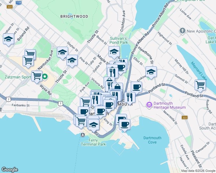 map of restaurants, bars, coffee shops, grocery stores, and more near 115 Ochterloney Street in Dartmouth