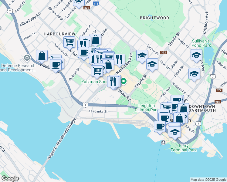 map of restaurants, bars, coffee shops, grocery stores, and more near 101 Wyse Road in Dartmouth