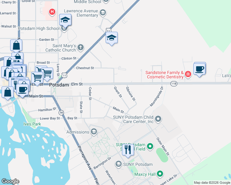 map of restaurants, bars, coffee shops, grocery stores, and more near 16 Grant Street in Potsdam