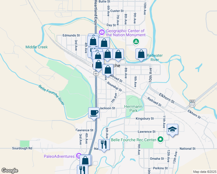 map of restaurants, bars, coffee shops, grocery stores, and more near 814-898 6th Avenue in Belle Fourche