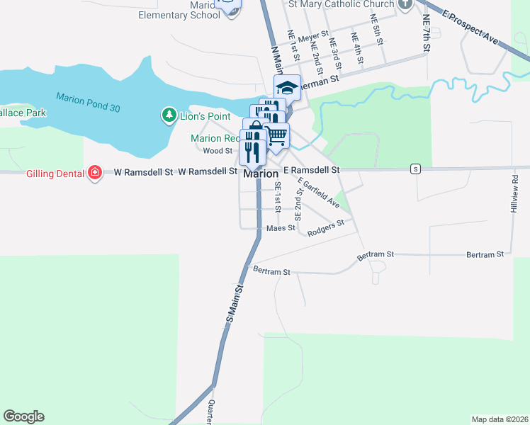 map of restaurants, bars, coffee shops, grocery stores, and more near 325 Southeast 1st Street in Marion