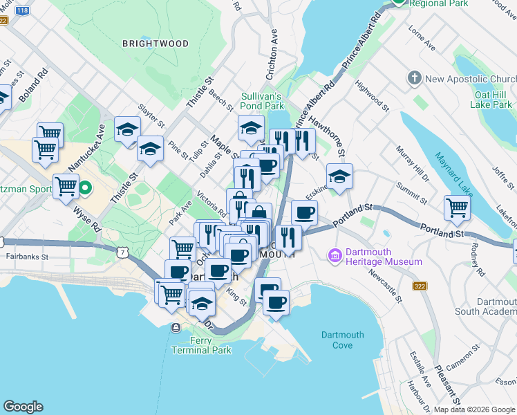 map of restaurants, bars, coffee shops, grocery stores, and more near 19 Irishtown Road in Dartmouth