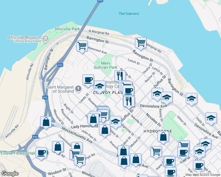 map of restaurants, bars, coffee shops, grocery stores, and more near 3654 Leaman Street in Halifax