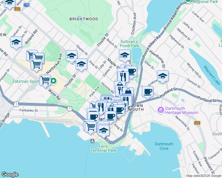 map of restaurants, bars, coffee shops, grocery stores, and more near in Dartmouth
