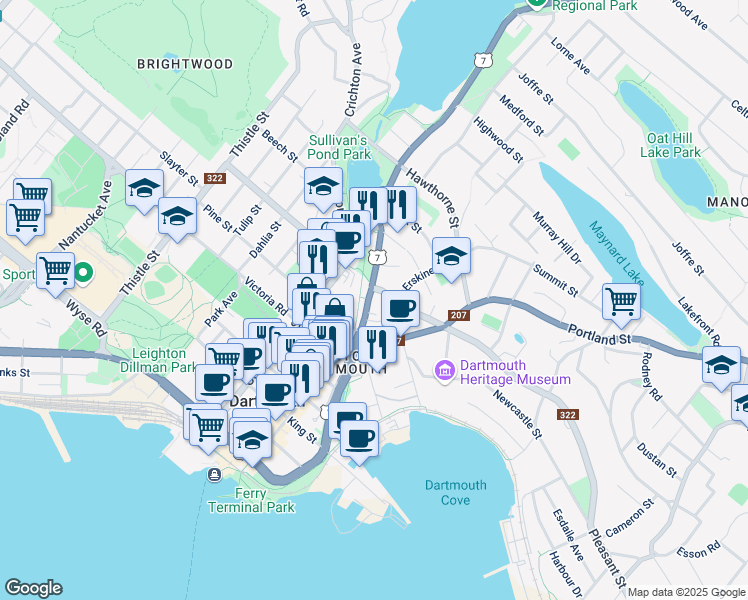 map of restaurants, bars, coffee shops, grocery stores, and more near 27 Prince Albert Road in Dartmouth
