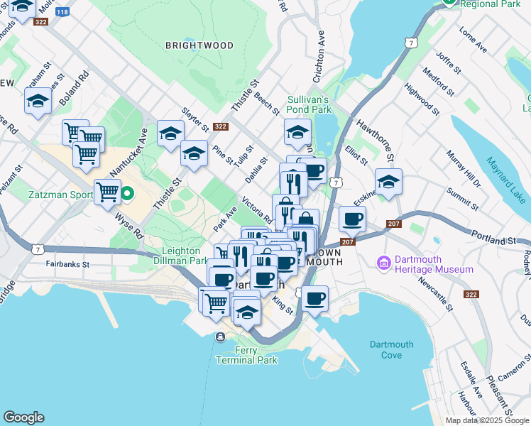 map of restaurants, bars, coffee shops, grocery stores, and more near 38 Victoria Road in Dartmouth