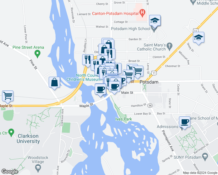 map of restaurants, bars, coffee shops, grocery stores, and more near 1 Main Street in Potsdam