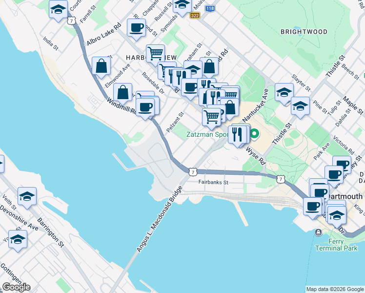 map of restaurants, bars, coffee shops, grocery stores, and more near 146 Windmill Road in Dartmouth