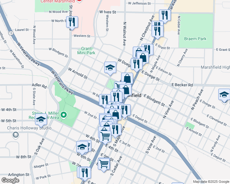map of restaurants, bars, coffee shops, grocery stores, and more near 201 West Arnold Street in Marshfield