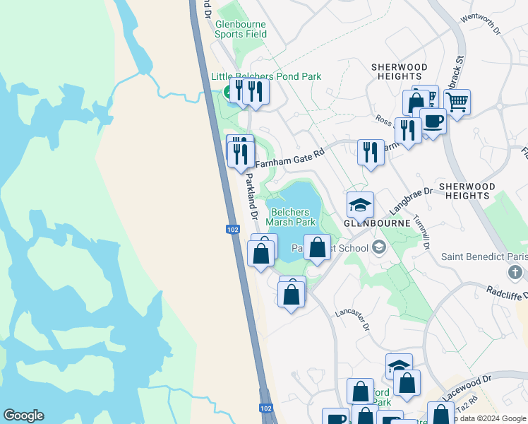 map of restaurants, bars, coffee shops, grocery stores, and more near 429 Parkland Drive in Halifax