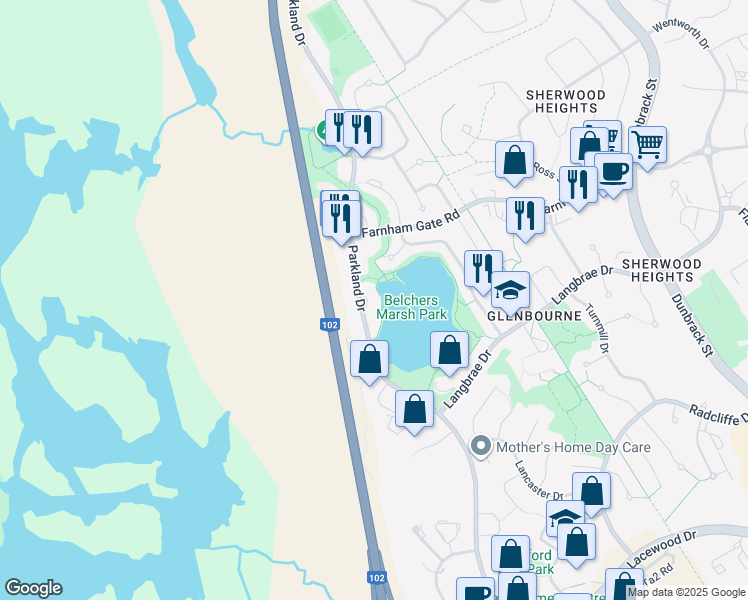 map of restaurants, bars, coffee shops, grocery stores, and more near 429 Parkland Drive in Halifax