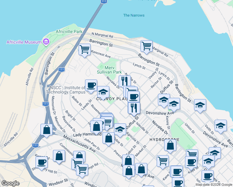 map of restaurants, bars, coffee shops, grocery stores, and more near 3624 Merson Avenue in Halifax