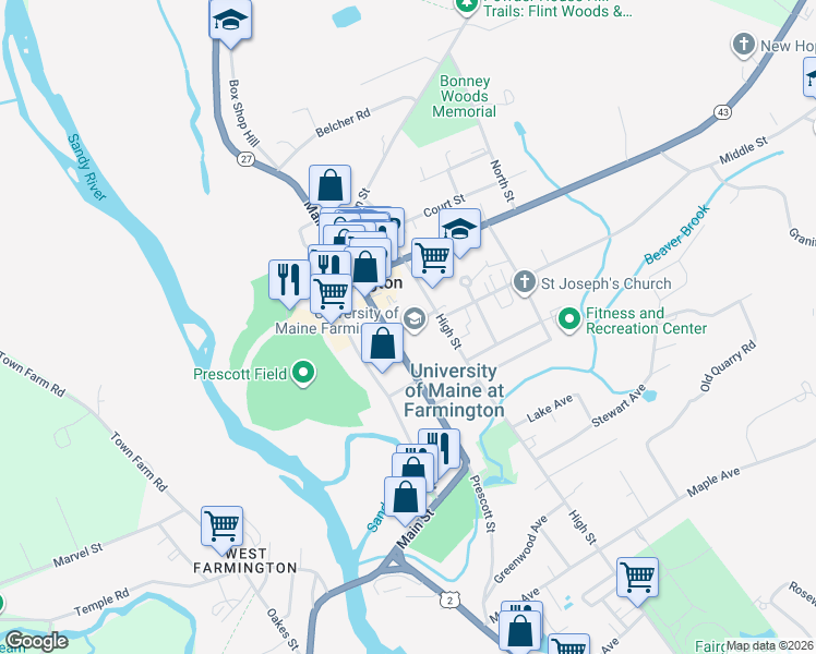map of restaurants, bars, coffee shops, grocery stores, and more near Academy Street in Farmington