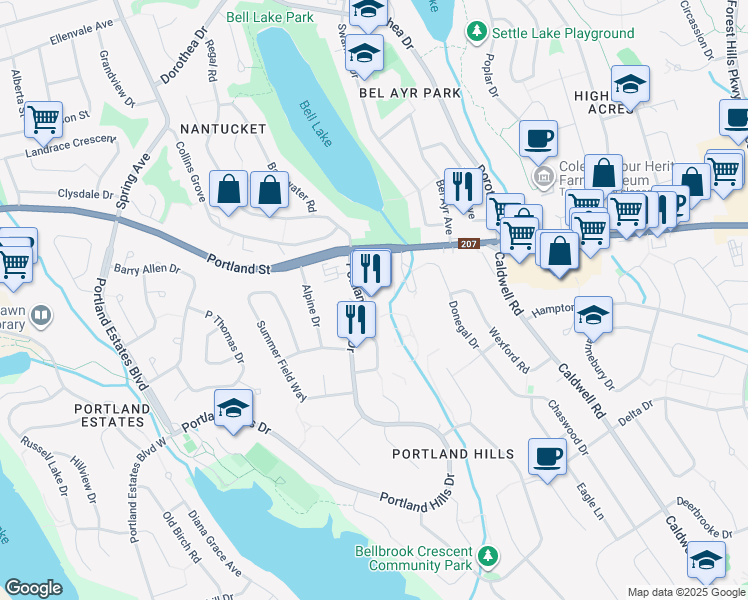 map of restaurants, bars, coffee shops, grocery stores, and more near 635 Portland Hills Drive in Dartmouth