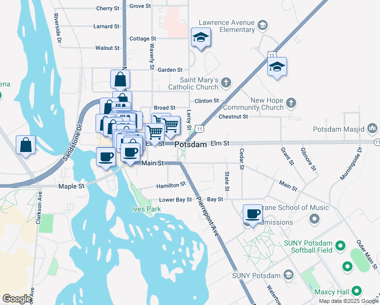 map of restaurants, bars, coffee shops, grocery stores, and more near 41 Elm Street in Potsdam