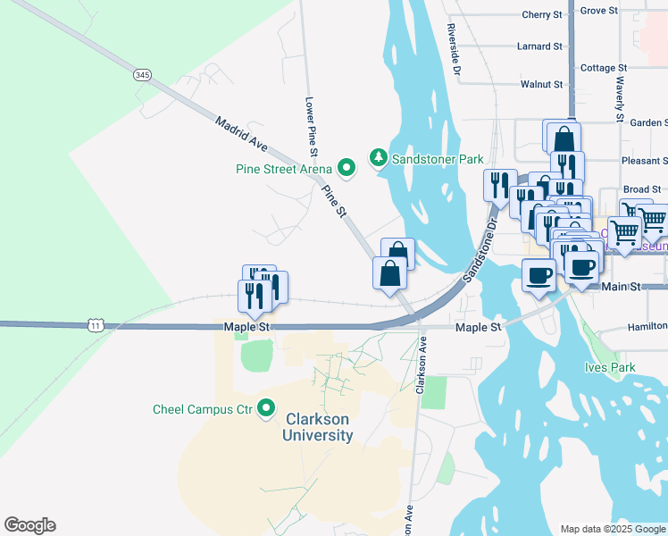 map of restaurants, bars, coffee shops, grocery stores, and more near 26 Pine St in Potsdam
