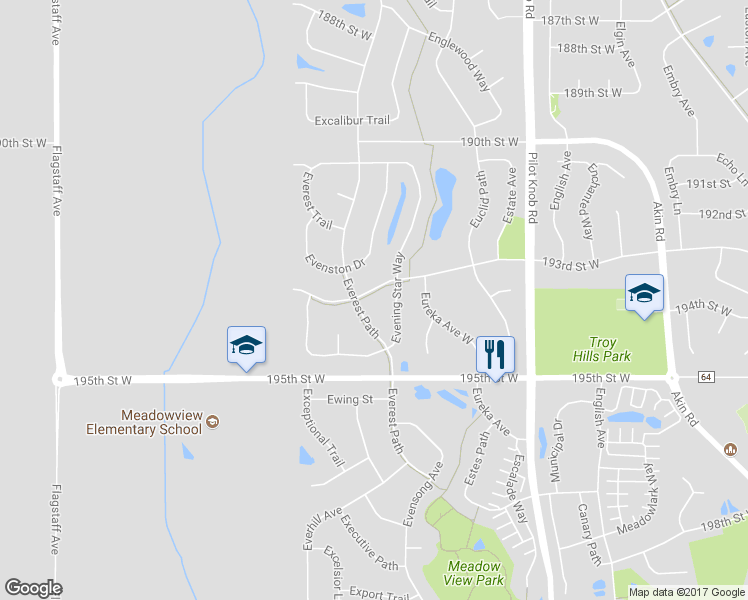 map of restaurants, bars, coffee shops, grocery stores, and more near 5838 193rd Street West in Farmington