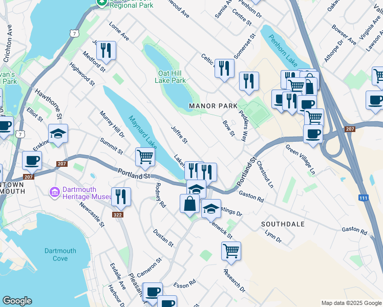 map of restaurants, bars, coffee shops, grocery stores, and more near in Dartmouth