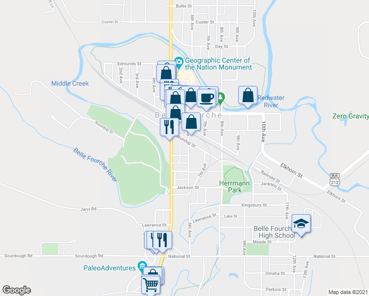 map of restaurants, bars, coffee shops, grocery stores, and more near 814 6th Avenue in Belle Fourche