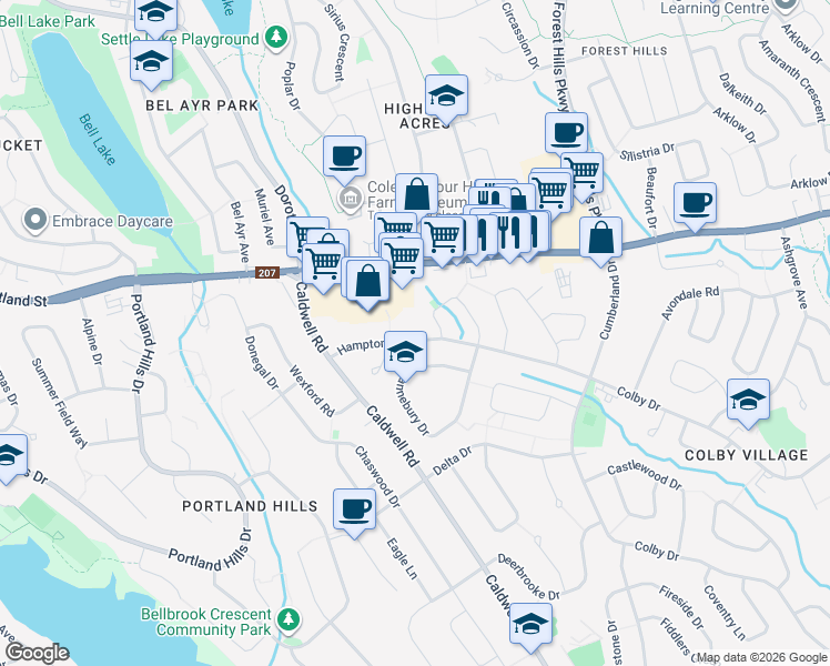 map of restaurants, bars, coffee shops, grocery stores, and more near 109 Hampton Green in Dartmouth
