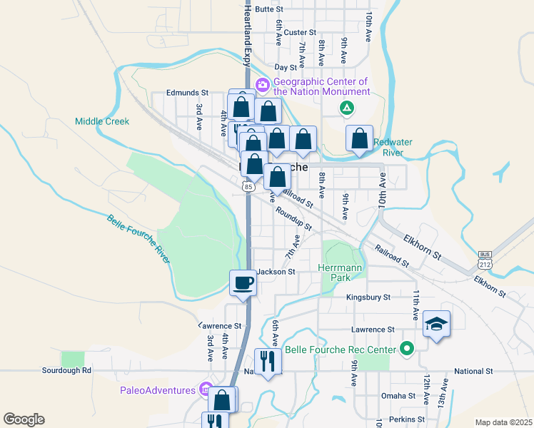 map of restaurants, bars, coffee shops, grocery stores, and more near 814 6th Avenue in Belle Fourche