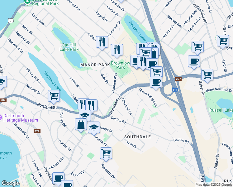 map of restaurants, bars, coffee shops, grocery stores, and more near Manor Drive in Dartmouth
