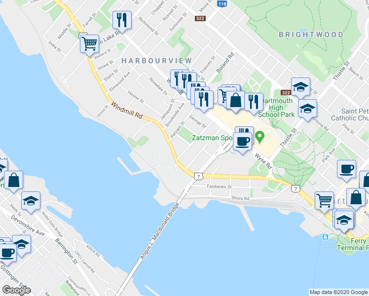 map of restaurants, bars, coffee shops, grocery stores, and more near 9 Dawson Street in Dartmouth