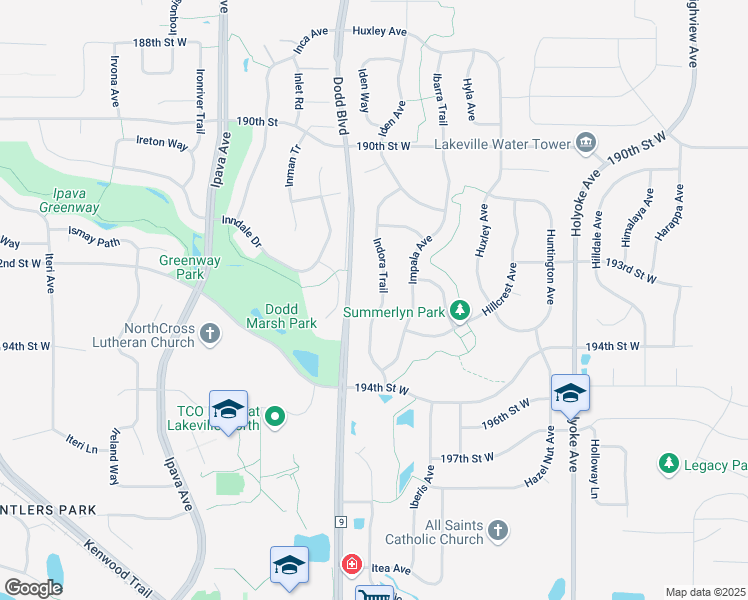 map of restaurants, bars, coffee shops, grocery stores, and more near 19300 Dodd Boulevard in Lakeville