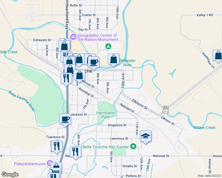 map of restaurants, bars, coffee shops, grocery stores, and more near 812 9th Avenue in Belle Fourche