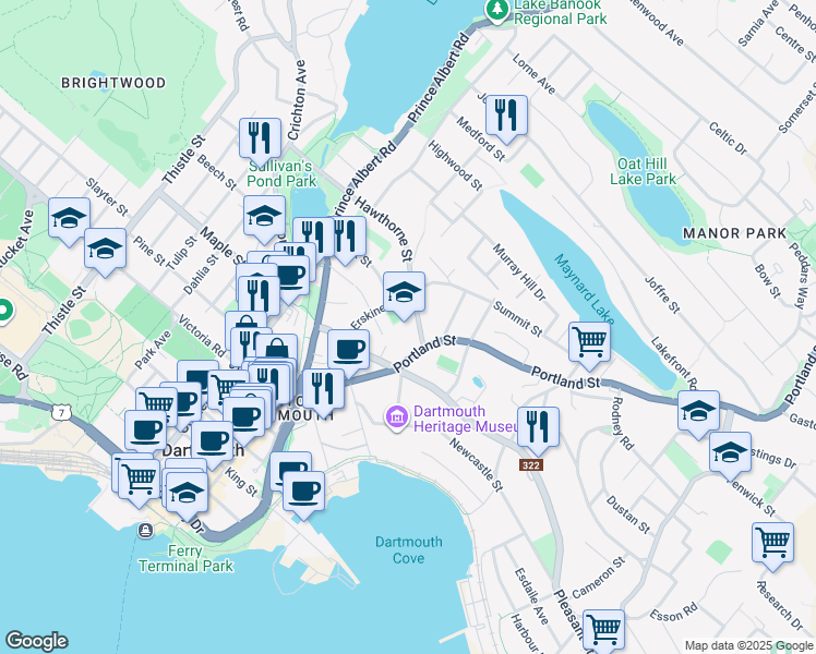 map of restaurants, bars, coffee shops, grocery stores, and more near 10 Hawthorne Street in Dartmouth