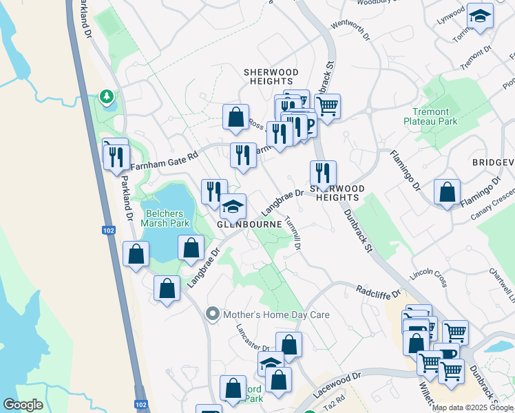 map of restaurants, bars, coffee shops, grocery stores, and more near 152 Roxbury Crescent in Halifax