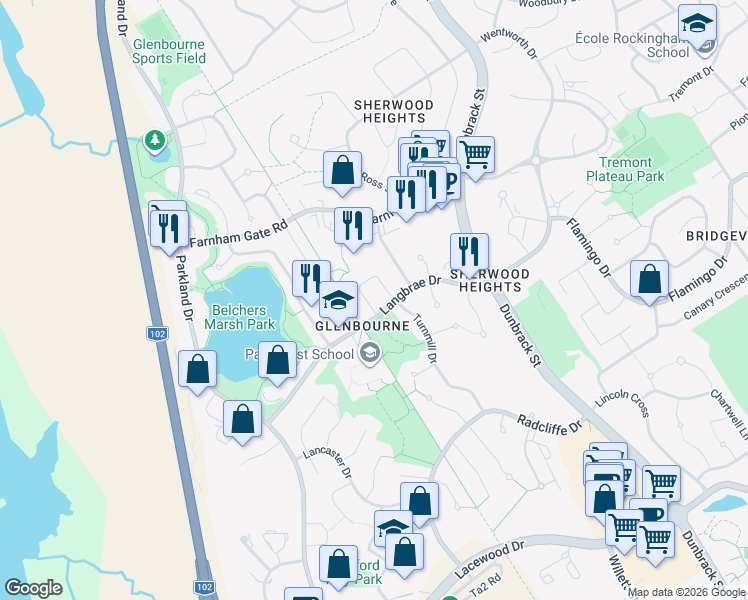 map of restaurants, bars, coffee shops, grocery stores, and more near 152 Roxbury Crescent in Halifax