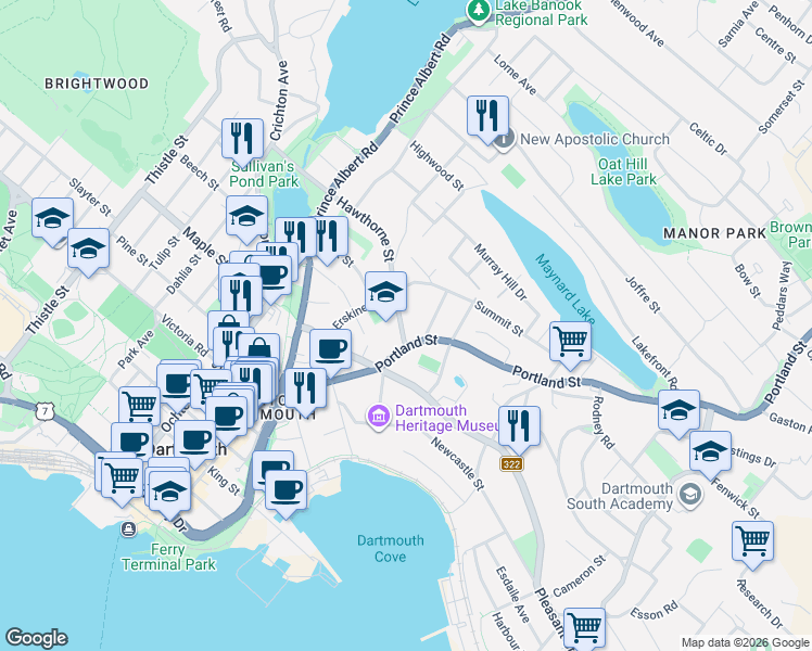 map of restaurants, bars, coffee shops, grocery stores, and more near 9 Hawthorne Street in Dartmouth