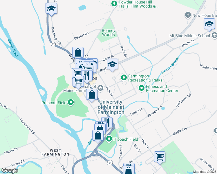 map of restaurants, bars, coffee shops, grocery stores, and more near 269 Middle Street in Farmington