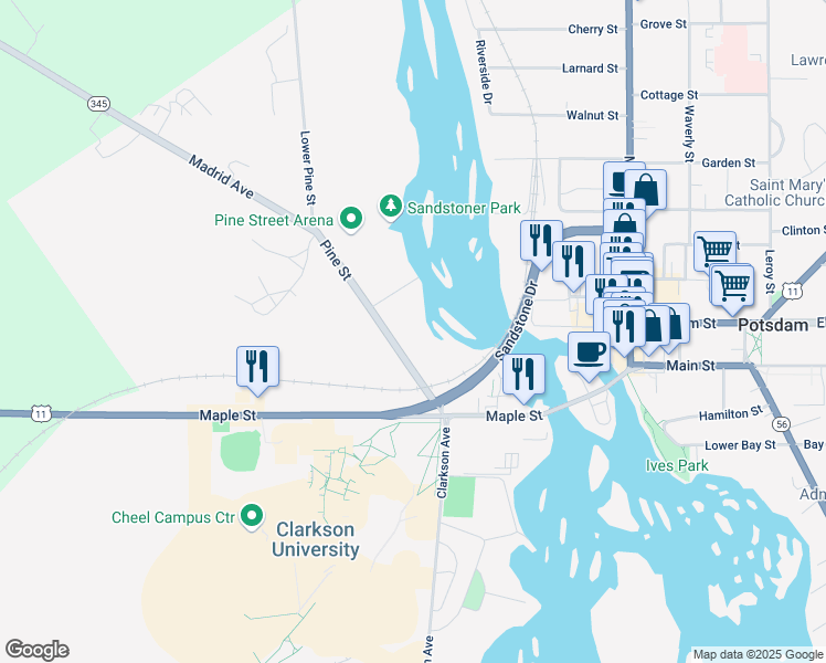 map of restaurants, bars, coffee shops, grocery stores, and more near 23 Pine St in Potsdam