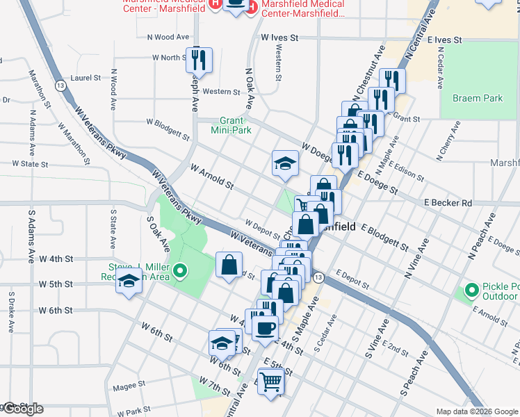 map of restaurants, bars, coffee shops, grocery stores, and more near 200 North Walnut Avenue in Marshfield