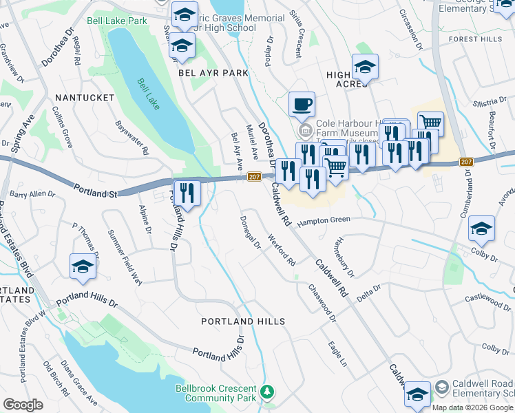 map of restaurants, bars, coffee shops, grocery stores, and more near 91 Wexford Road in Cole Harbour