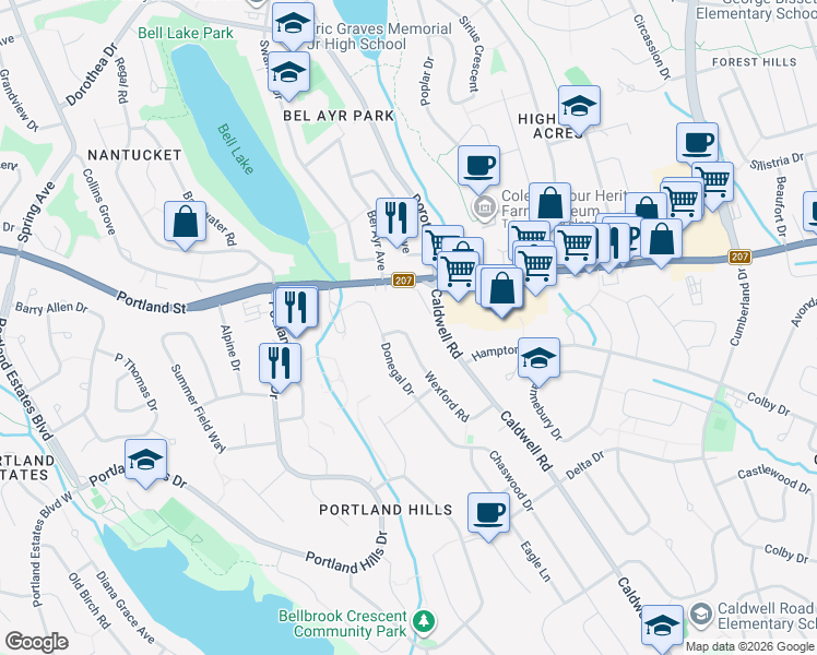 map of restaurants, bars, coffee shops, grocery stores, and more near 91 Wexford Road in Cole Harbour