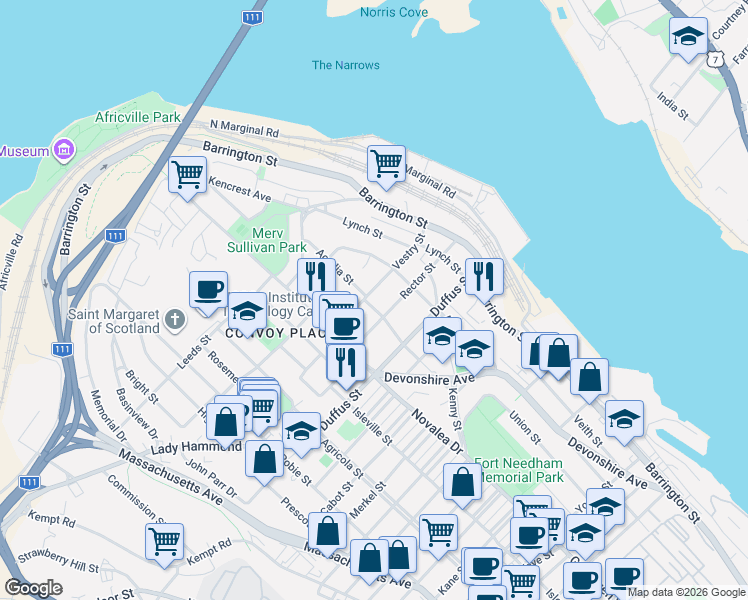 map of restaurants, bars, coffee shops, grocery stores, and more near 5378 Vestry Street in Halifax