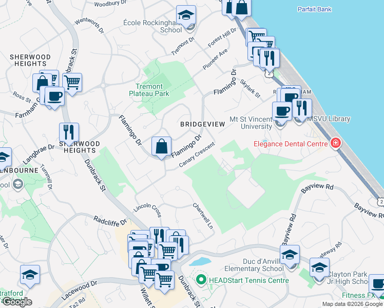 map of restaurants, bars, coffee shops, grocery stores, and more near 74 Flamingo Drive in Halifax