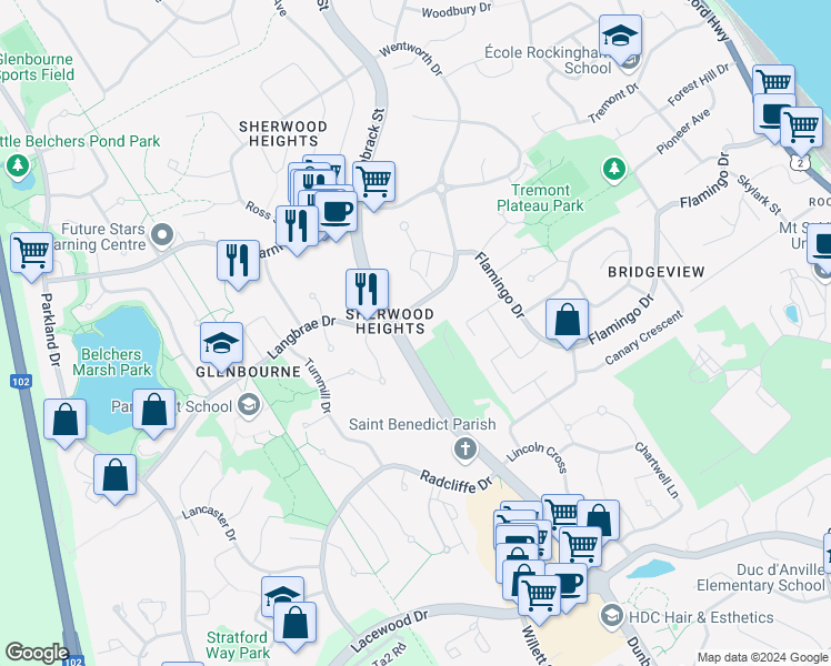 map of restaurants, bars, coffee shops, grocery stores, and more near 45 Knightsridge Drive in Halifax