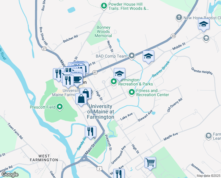 map of restaurants, bars, coffee shops, grocery stores, and more near 121 Middle Street in Farmington