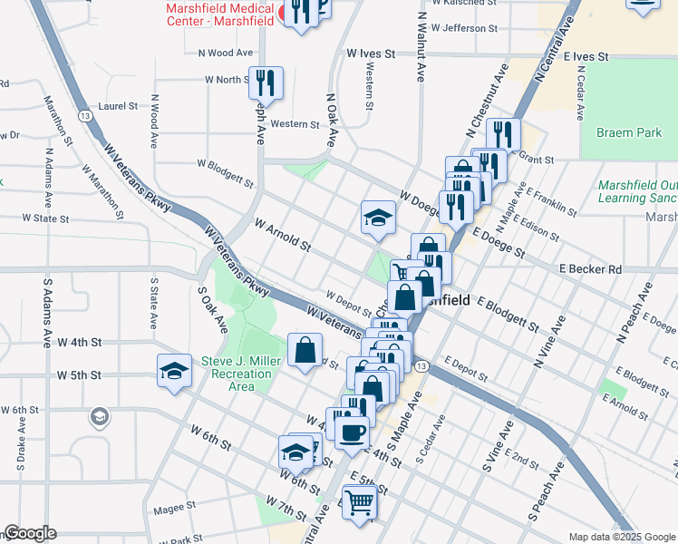 map of restaurants, bars, coffee shops, grocery stores, and more near 400 West Arnold Street in Marshfield