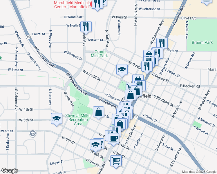 map of restaurants, bars, coffee shops, grocery stores, and more near 400 West Arnold Street in Marshfield