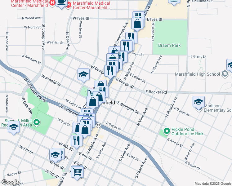 map of restaurants, bars, coffee shops, grocery stores, and more near 405 North Maple Avenue in Marshfield