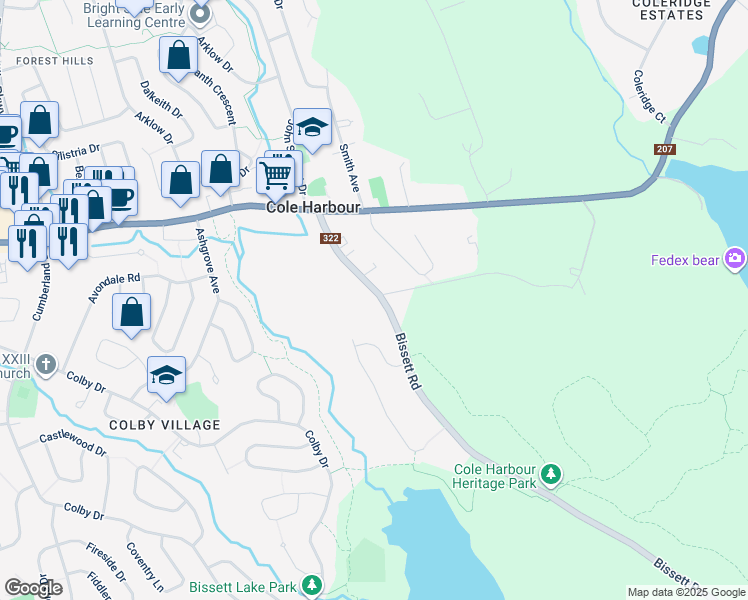 map of restaurants, bars, coffee shops, grocery stores, and more near 77 Nova Scotia 322 in Cole Harbour
