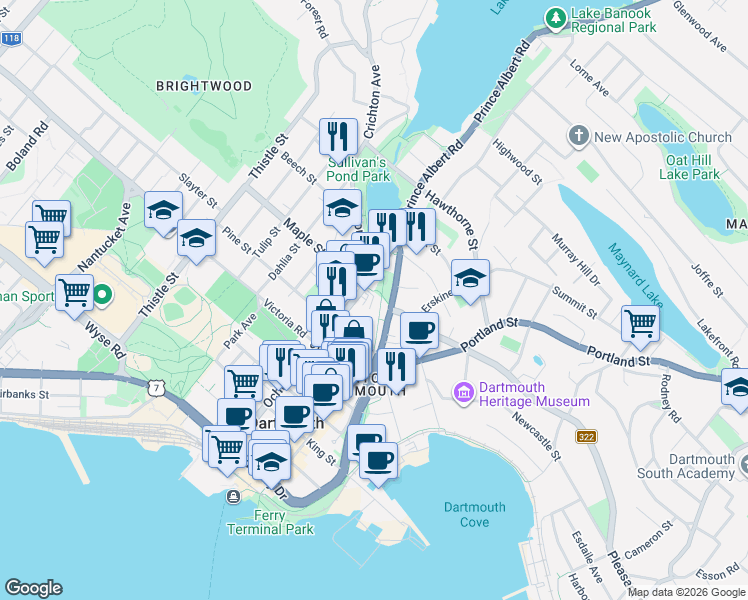 map of restaurants, bars, coffee shops, grocery stores, and more near 162 Ochterloney Street in Dartmouth